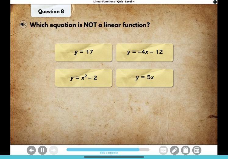 Question 8 which equation is not a linear function?-example-1