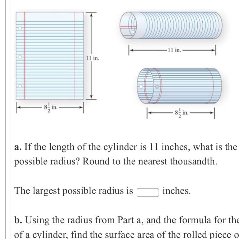 Making a Cylinder: Make an 8 1/2 by 11 inch piece of notebook paper into a cylinder-example-1