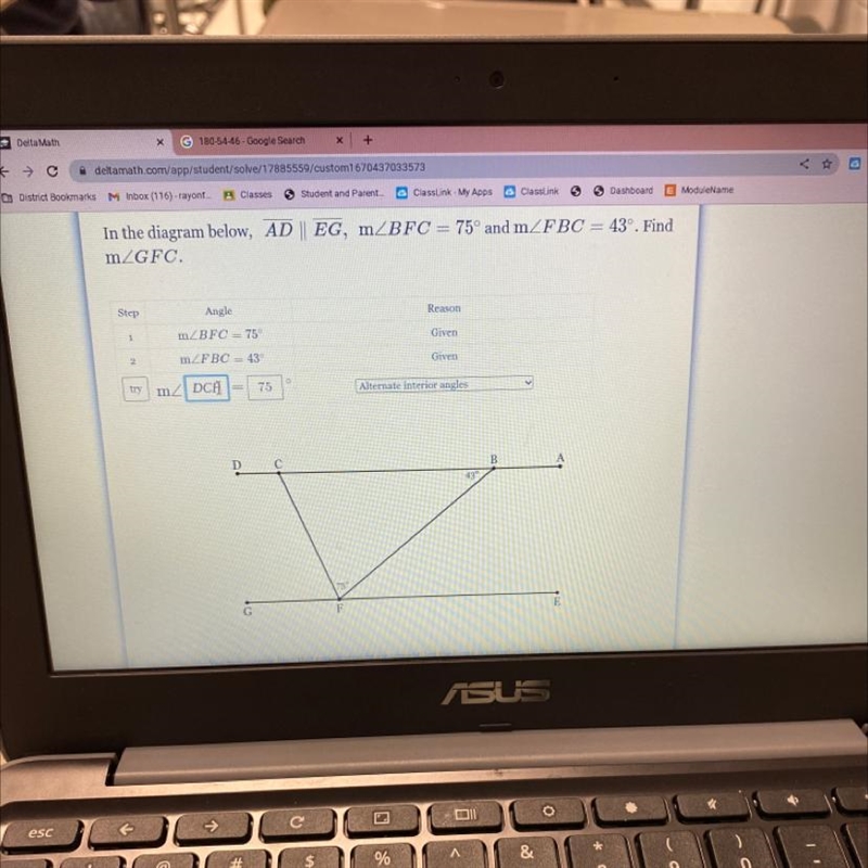 In the diagram below, AD || EG, m/BFC = 75° and m/FBC = 43°. Find m/GFC. Step 1 2 try-example-1