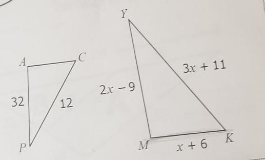 If triangle APC is similar to triangle YKM, find KM-example-1