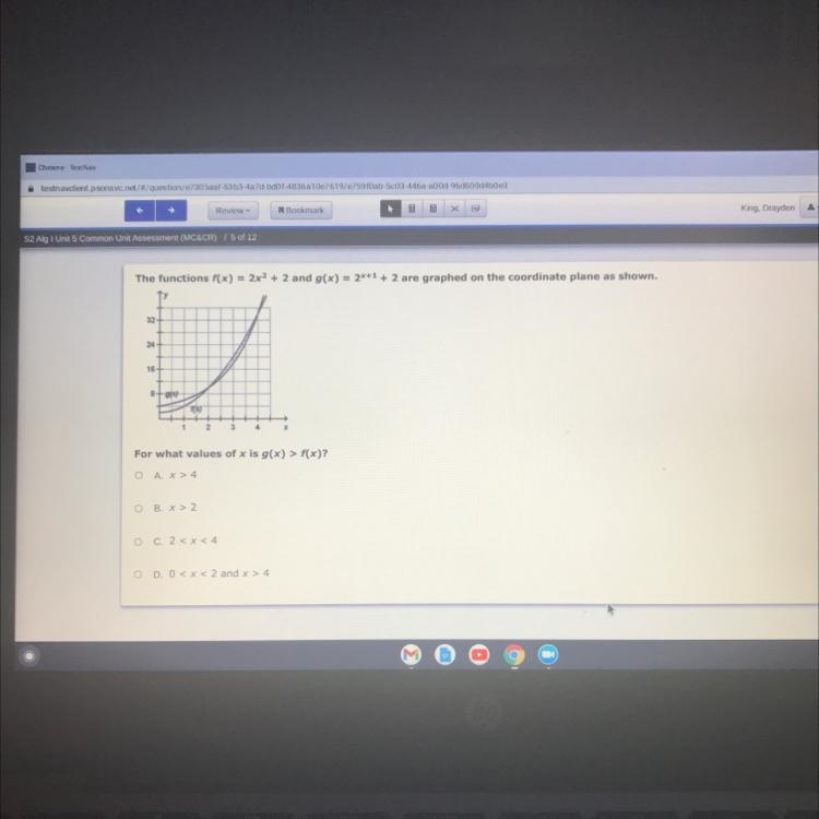 The functions f(x) = 2x2 + 2 and g(x) = 2x+1 + 2 are graphed on the coordinate plane-example-1