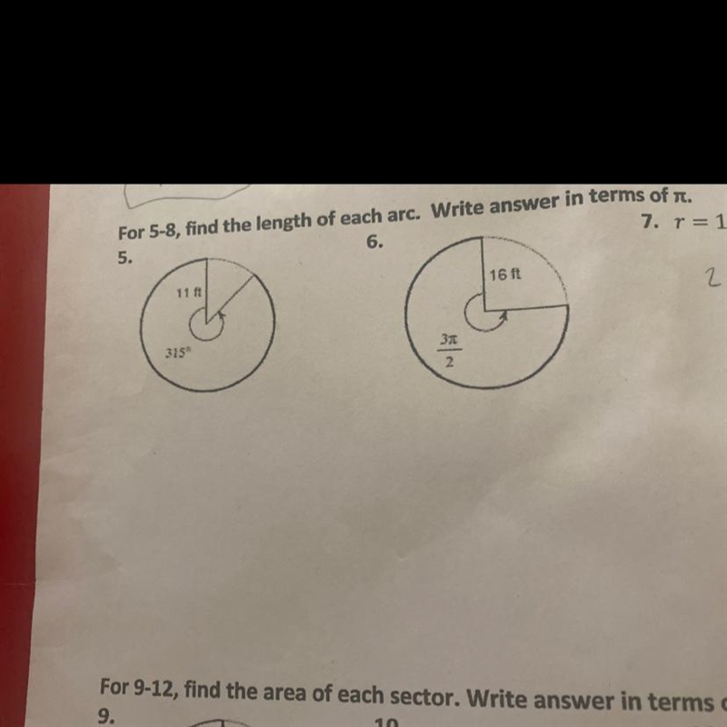 Problem 5 and 6. Find the length of each arc. Write answers in terms of π.-example-1