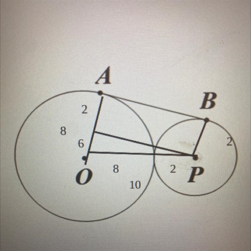 Circles P and O with a common external tangent Segment AB. OA=8PB=2Find AB:-example-1