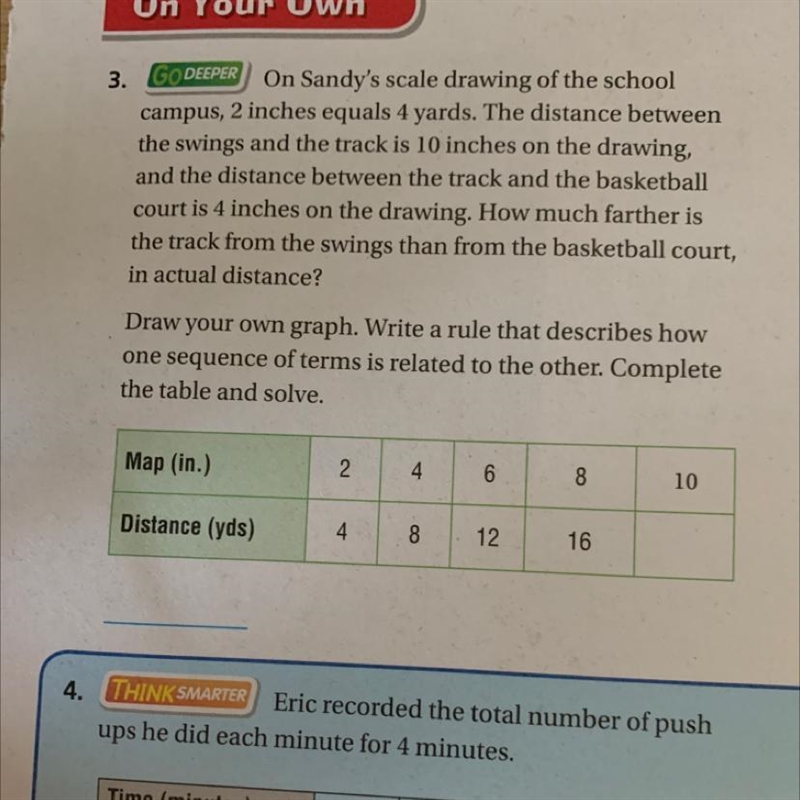 On Sandy's scale drawing of the school campus 2 inches equals 4 yards the distance-example-1