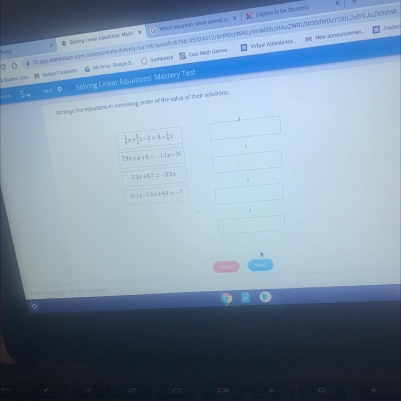 rrange the equations in increasing order of the value of their solutions.-2=4–1793+4 = -1.11-163.20 +5.7 = -2.50110.10-1.60+44 = -7!ResetNea-example-1