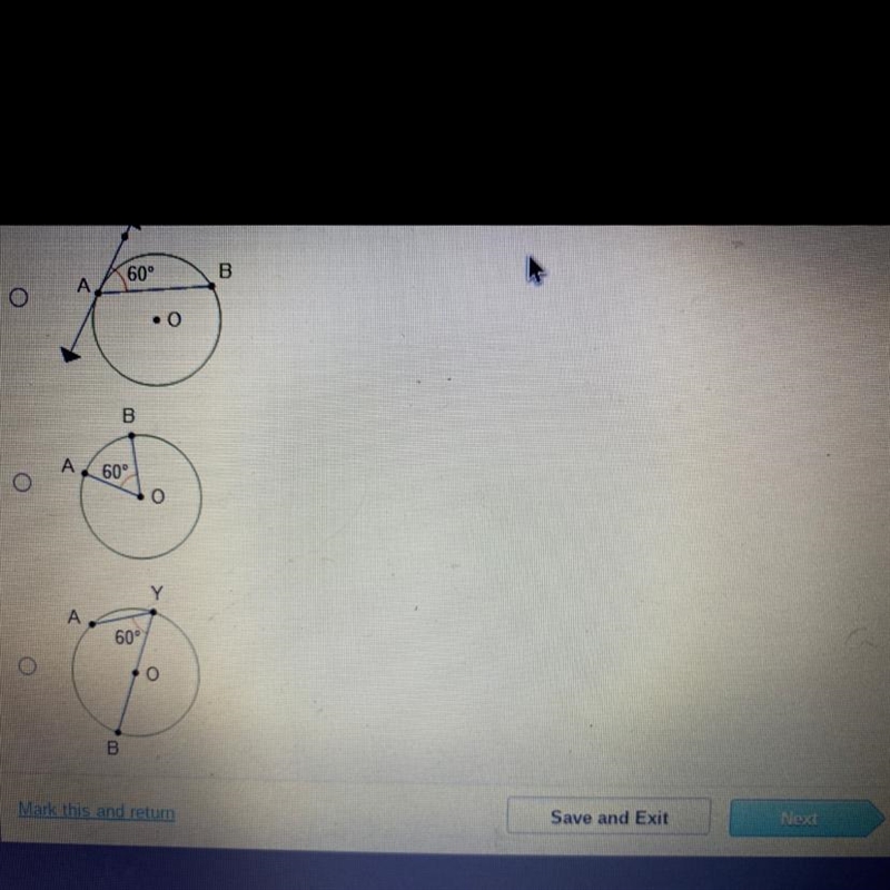 Ch circle shows AB that measures 60°? O 60⁰ -0 A 60° B 60° .0 Mark this and return-example-1