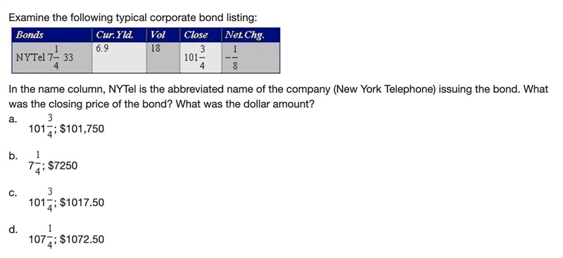 Examine the following typical corporate bond listing: In the name column, NYTel is-example-2