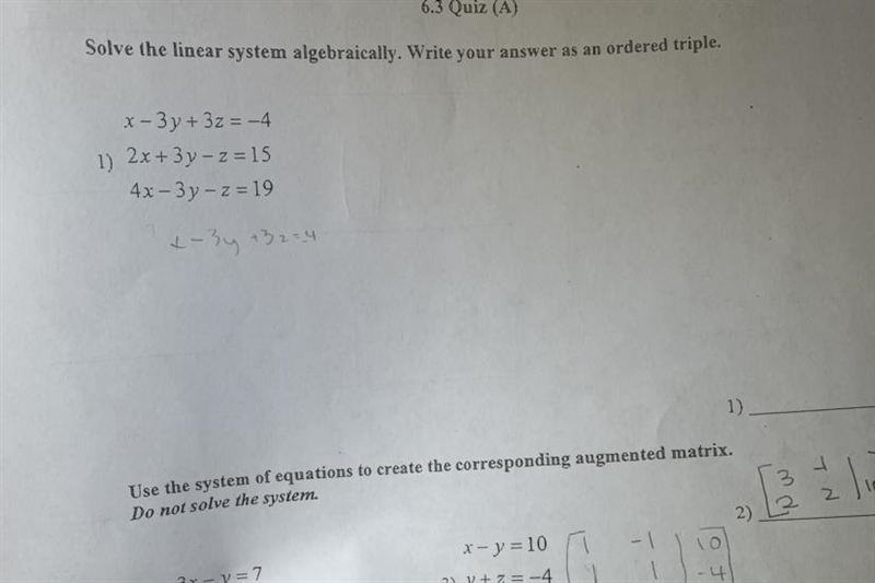 1 )Solve the linear system algebraically. Write your answer as an ordered triple.-example-1