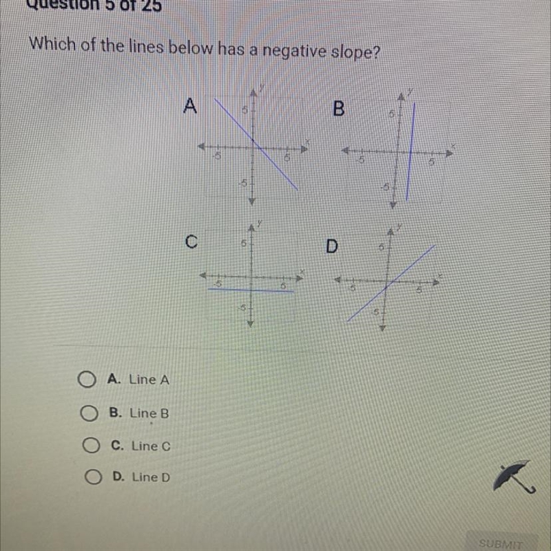 Which of the lines below has a negative slope?A51B657HO1Wh5-55Out-56с++075D501-55-55510-5O-example-1