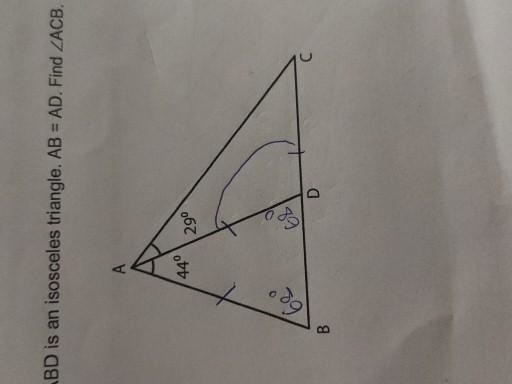 ABD is an isosceles triangle. AB = AD. Find ACB.​-example-1