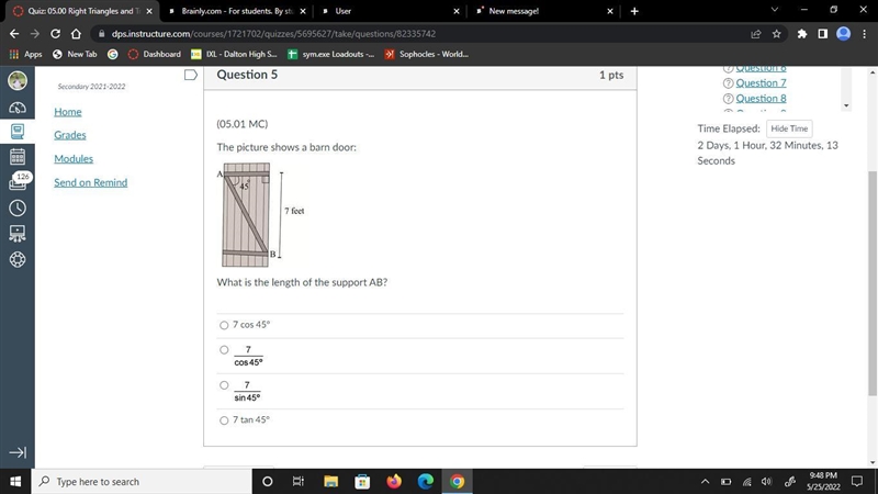 The picture shows a barn doorWhat is the length of the support AB?Options 7 cos 45°7 divided-example-1