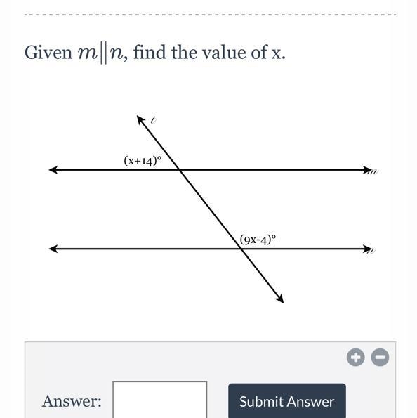 Given mn, find the value of x. (x+14)° (9x-4)º-example-1