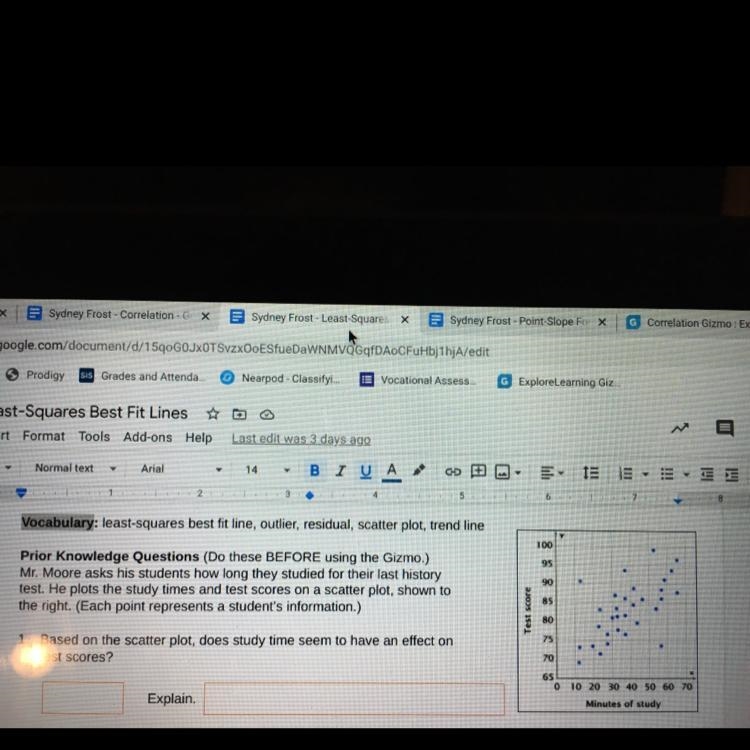 Based on the scatter plot, does study time seem to have an effect ontest scores?-example-1