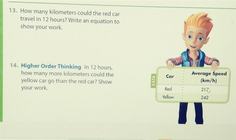 13. How many kilometers could the red car travel in 12 hours? Write an equation to-example-1