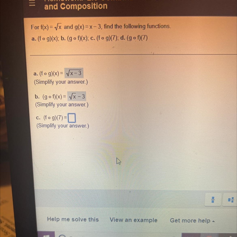 For f(x) = sqrt(x) and g(x) = x - 3 , find the following functions. I need help with-example-1