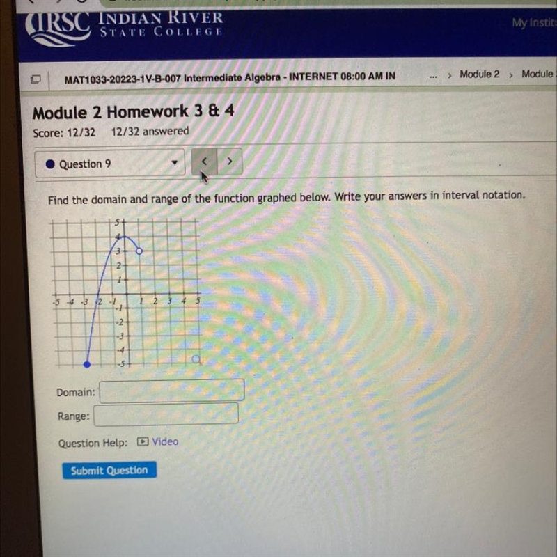 Find the domain and range of the function graphed below. Write your answers in interval-example-1