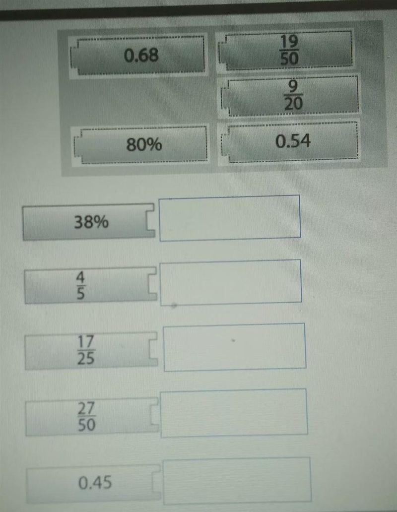 Drag tiles to make each fraction, decimal,or percent to an equivalent number.-example-1