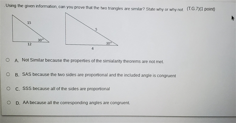 Using the given information, can you prove that the two triangles are similar? State-example-1