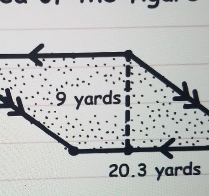 Calculate the area of the figure below. 9 yards i 20.3 yards-example-1