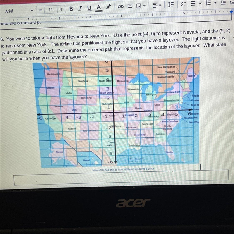 You wish to take a flight from Nevada to New York. Use the point (-4,0) to represent-example-1