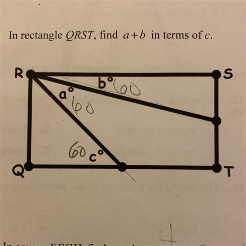 In rectangle QRST find A+B in terms of Cthe 60’s are a mistake on my end-example-1