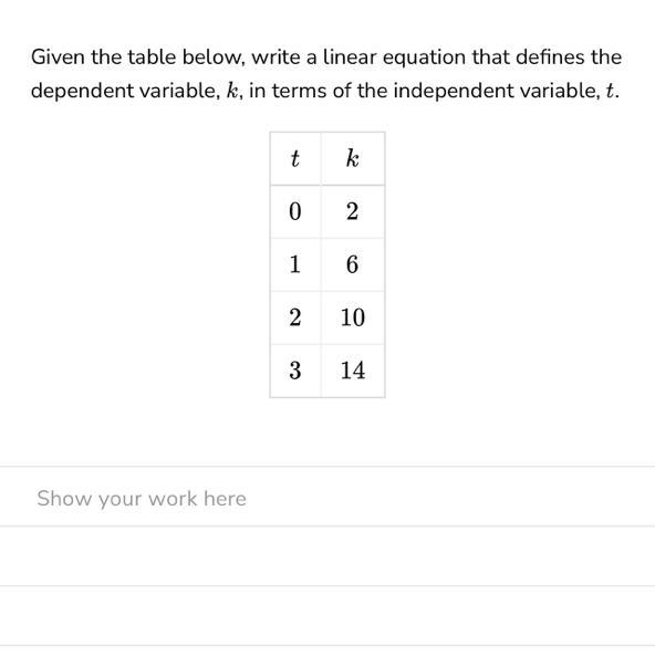 Given the table below, write a linear equation that defines the dependent variable-example-1