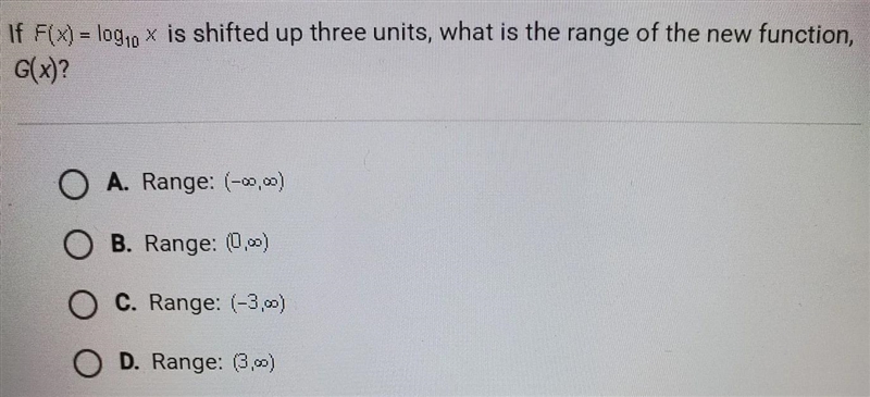 If F(x)= log10 x is shifted up three units, what is the range of the new function-example-1