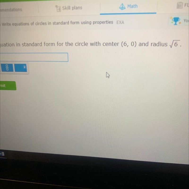 Write the equation in standard form for the circle with center (6,0) and radius /6-example-1