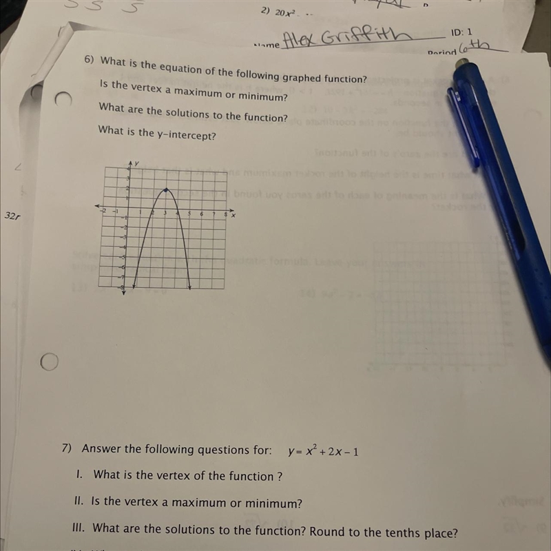 6) What is the equation of the following graphed function?Is the vertex a maximum-example-1