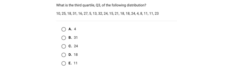 What is the third quartile, Q3, of the following distribution?10, 25, 18, 31, 16, 27, 5, 13, 32, 24, 15, 21, 18, 18, 24, 4, 8, 11, 11, 23A-example-1