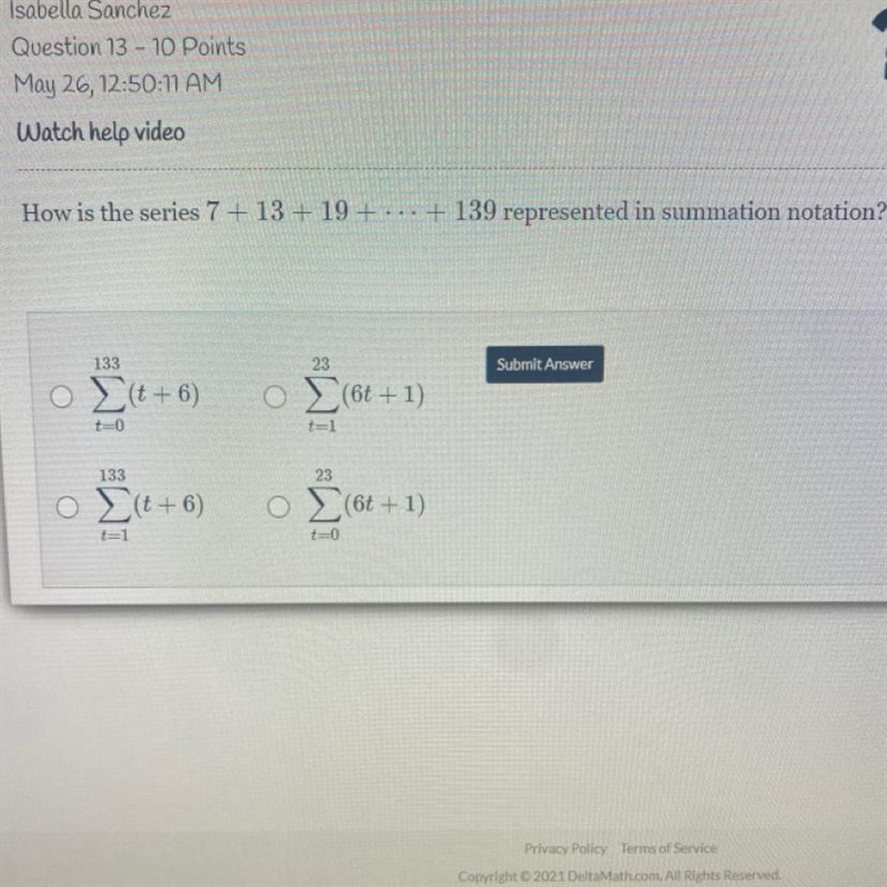 How is the series 7 + 13 + 19+...+ 139 represented in summation notation?-example-1