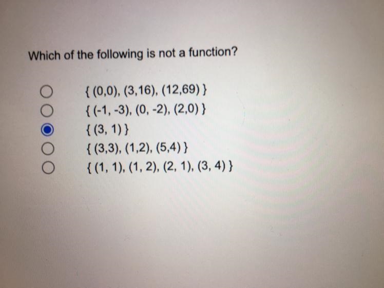 Which of the following is not a function?{(0,0), (3,16), (12,69) }{(-1,-3), (0, -2), (2,0) }{(3, 1)}{(3,3), (1,2), (5,4)}{(1, 1), (1, 2), (2, 1), (3, 4)}I-example-1