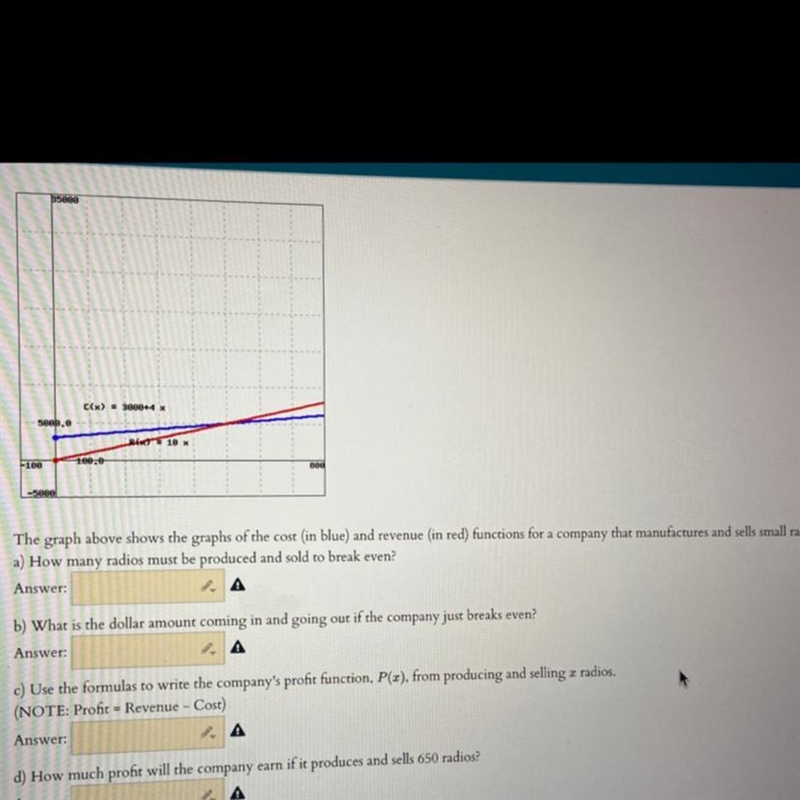 The graph above shows the graph of the cost in blue and revenue in red function for-example-1