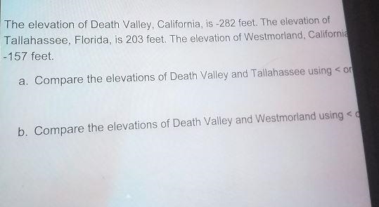 Compare the elevation of death valley and westmorland using< or >-example-1