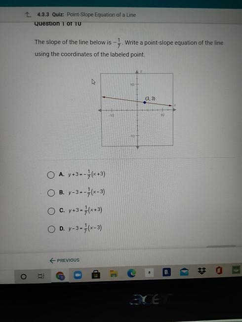 The slope of the line below is -1/7. - Write a point-slope equation of the line using-example-1