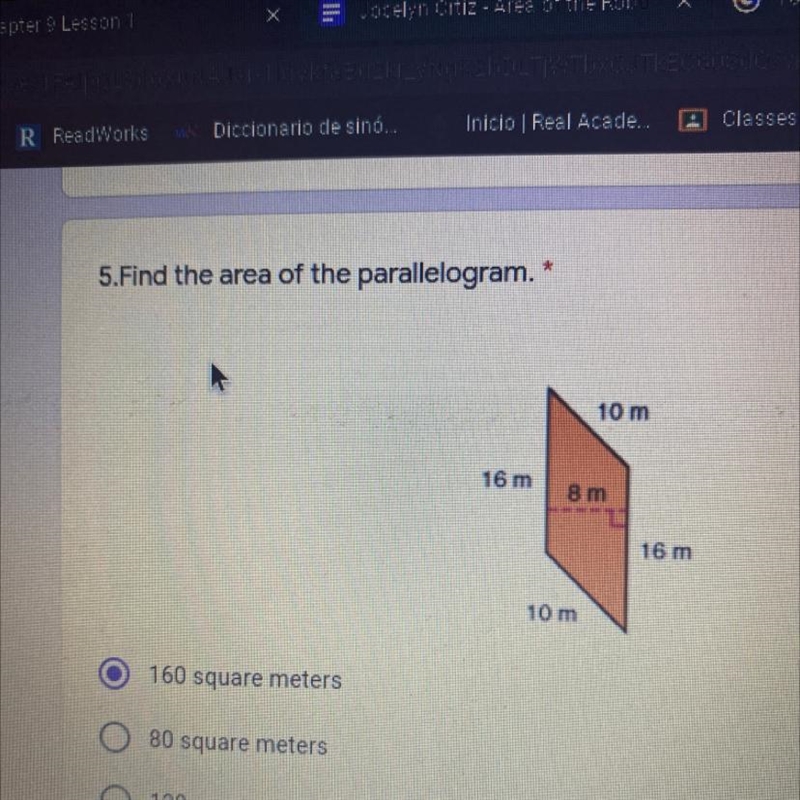 5.Find the area of the parallelogram. * 10 m 16 m 8 m 16 m 10 m-example-1