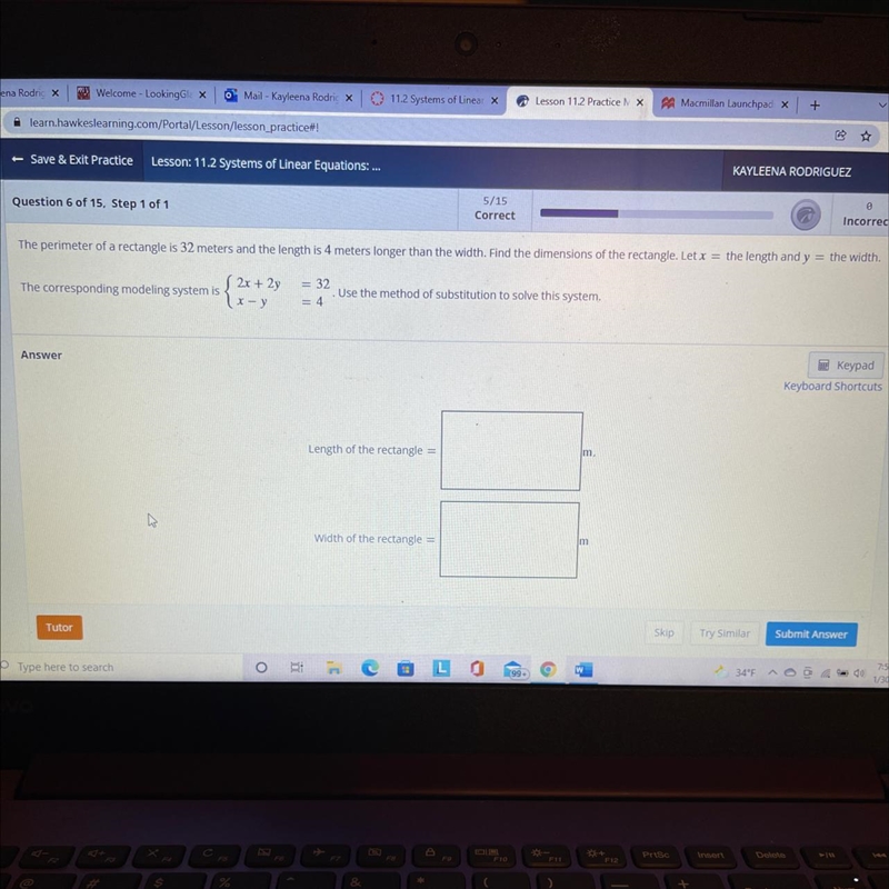 The perimeter of a rectangle is 32 meters and the length is 4 meters longer than width-example-1