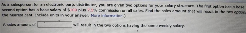 Awnser the question below A sales amount of ______ will result in the two options-example-1