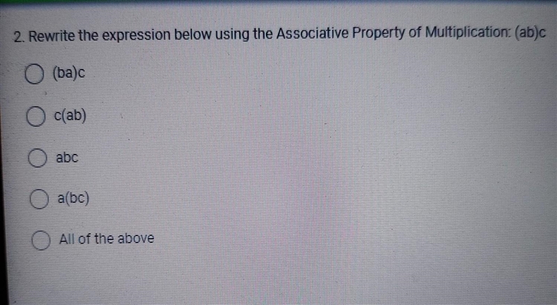 2. Rewrite the expression below using the Associative Property of Multiplication: (ab-example-1