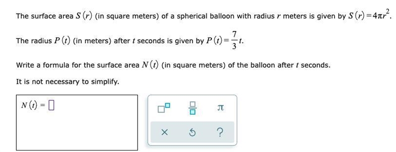 Write a formula for the surface area (in square meters) of the balloon after seconds-example-1