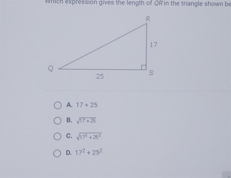 Which expression gives the length of qr in the triangle?-example-1