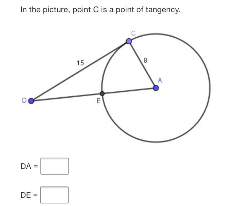 In the picture, point C is a point of tangency.815mDA=DE =-example-1