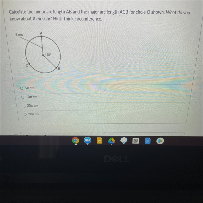 Calculate the minor arc length AB and the major arc length ACB for circle O shown-example-1