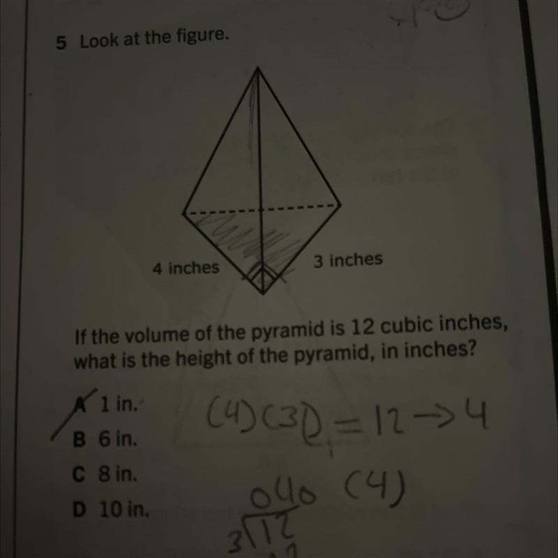 If the volume of the pyramid is 12 cubic inches, what is the height of the pyramid-example-1