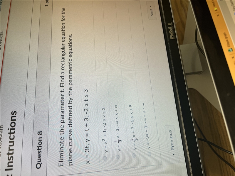 Eliminate the parameter t. Find a rectangular equation for the pane curve defined-example-1