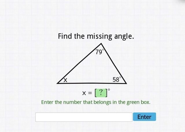 PLEASE HELP will give 5 stars on intro to angle sum theorem find the missing angle-example-1