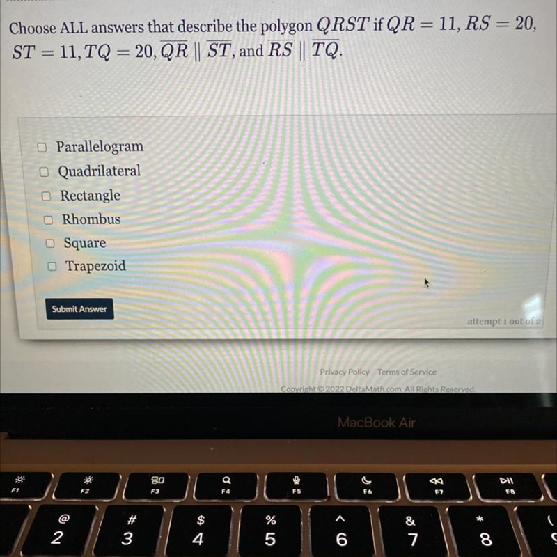 Choose ALL answers that describe the polygon QRST if QR =11, RS =20, ST =11, TQ=20, QR-example-1