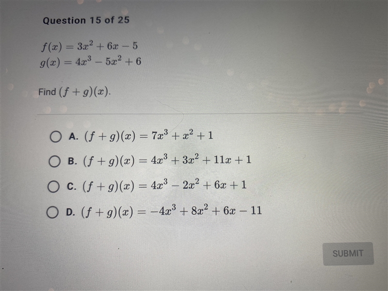 PLEASE HELP. FUNCTIONS AND RELATIONS. f(x) = 3x^2 + 6x - 5 g(x)= 4x^3 - 5x^2 + 6find-example-1