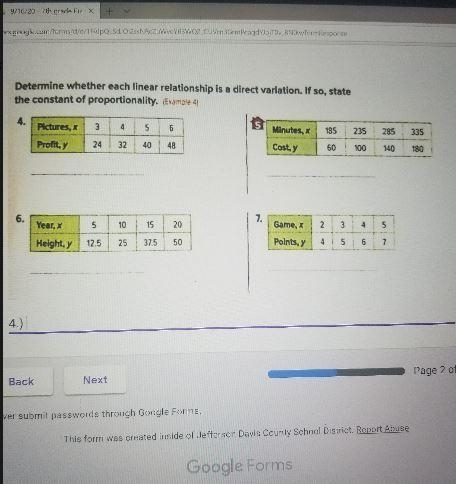 Determine whether each linear relationship is a direct variation. If so, state the-example-1