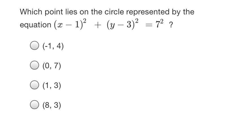 Which point lies on the circle represented by the equation (x - 1)2 + (y - 3)2 = 72 ?O-example-1